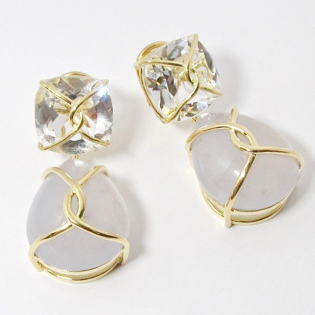 18k Yellow Gold Chalcedony & Crystal Earrings