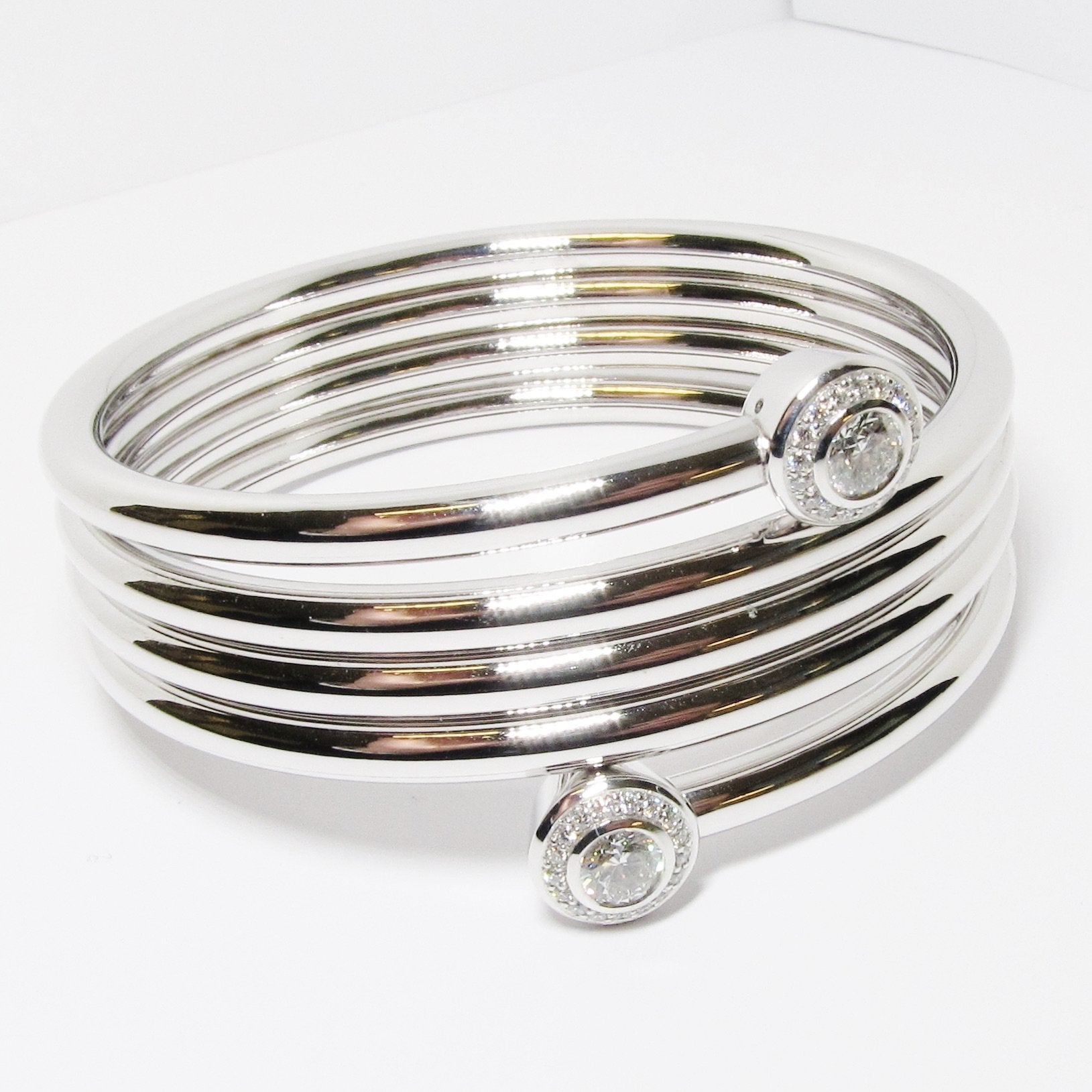 18k White Gold Spiral Bracelet w/ Diamond Ends