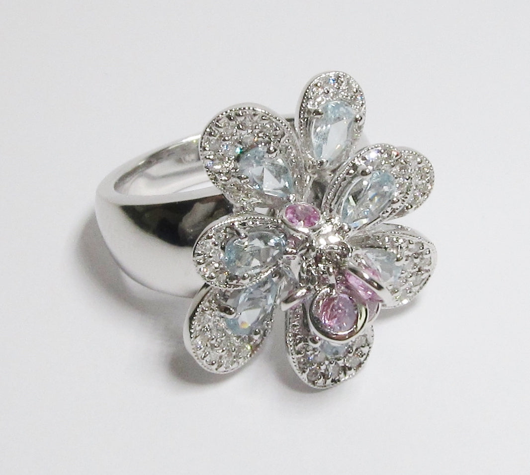 White Gold and Pink Flower Ring