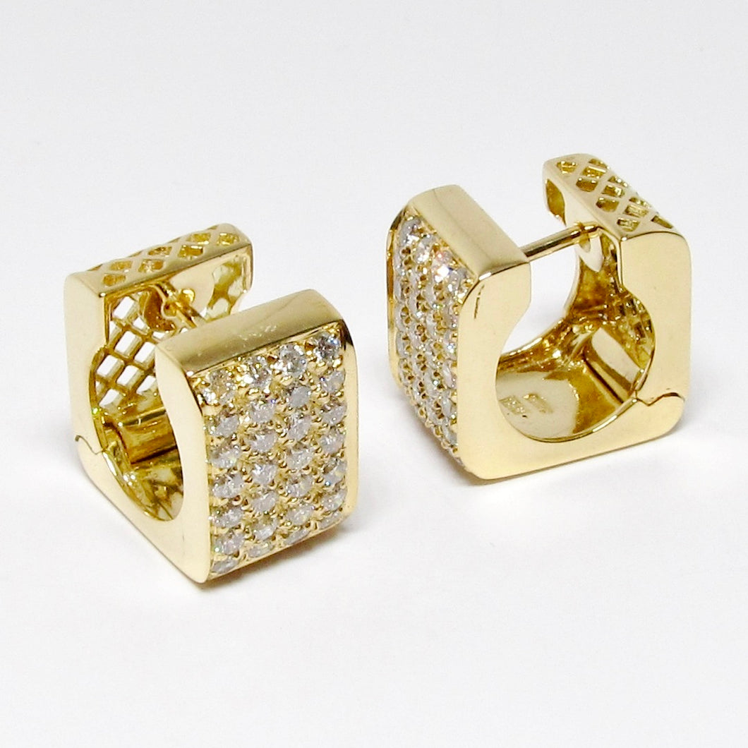 18k Yellow Gold Square Shaped Huggie Earring with Diamonds