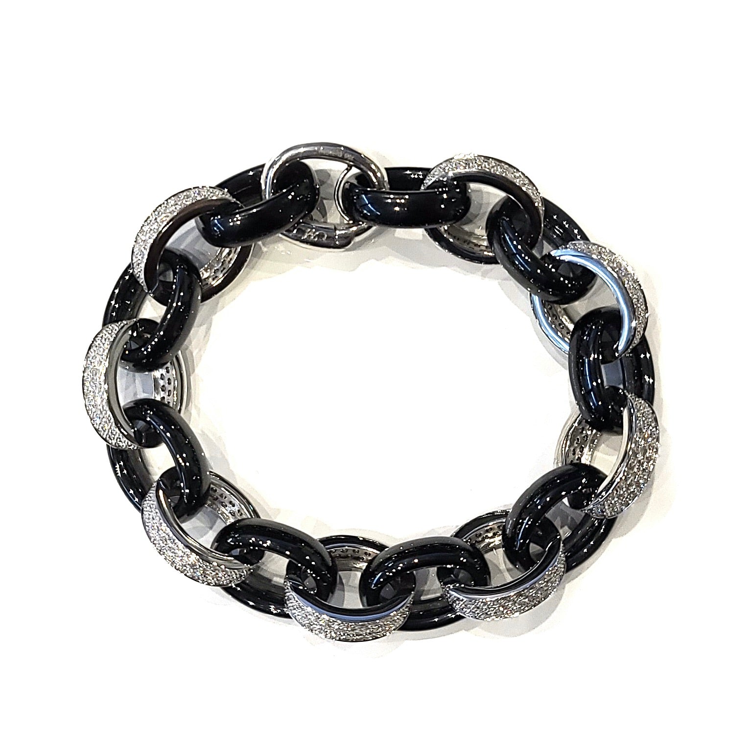 18k White Gold Alternating Pave XL Ultra Link and Black Ceramic Link Bracelet