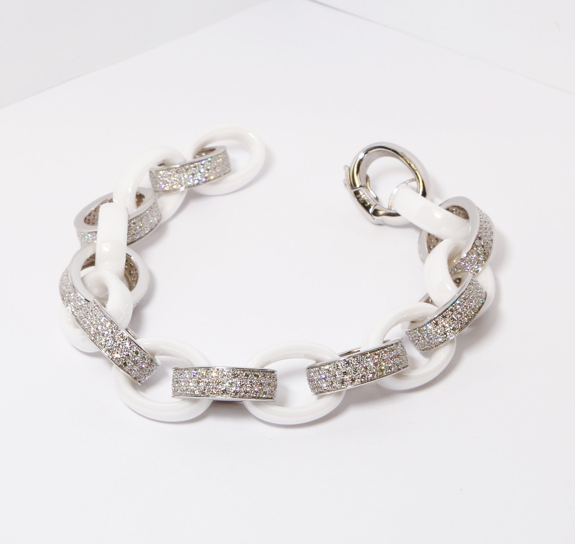 18k White Gold Alternating Pave & White Ceramic Link Bracelet