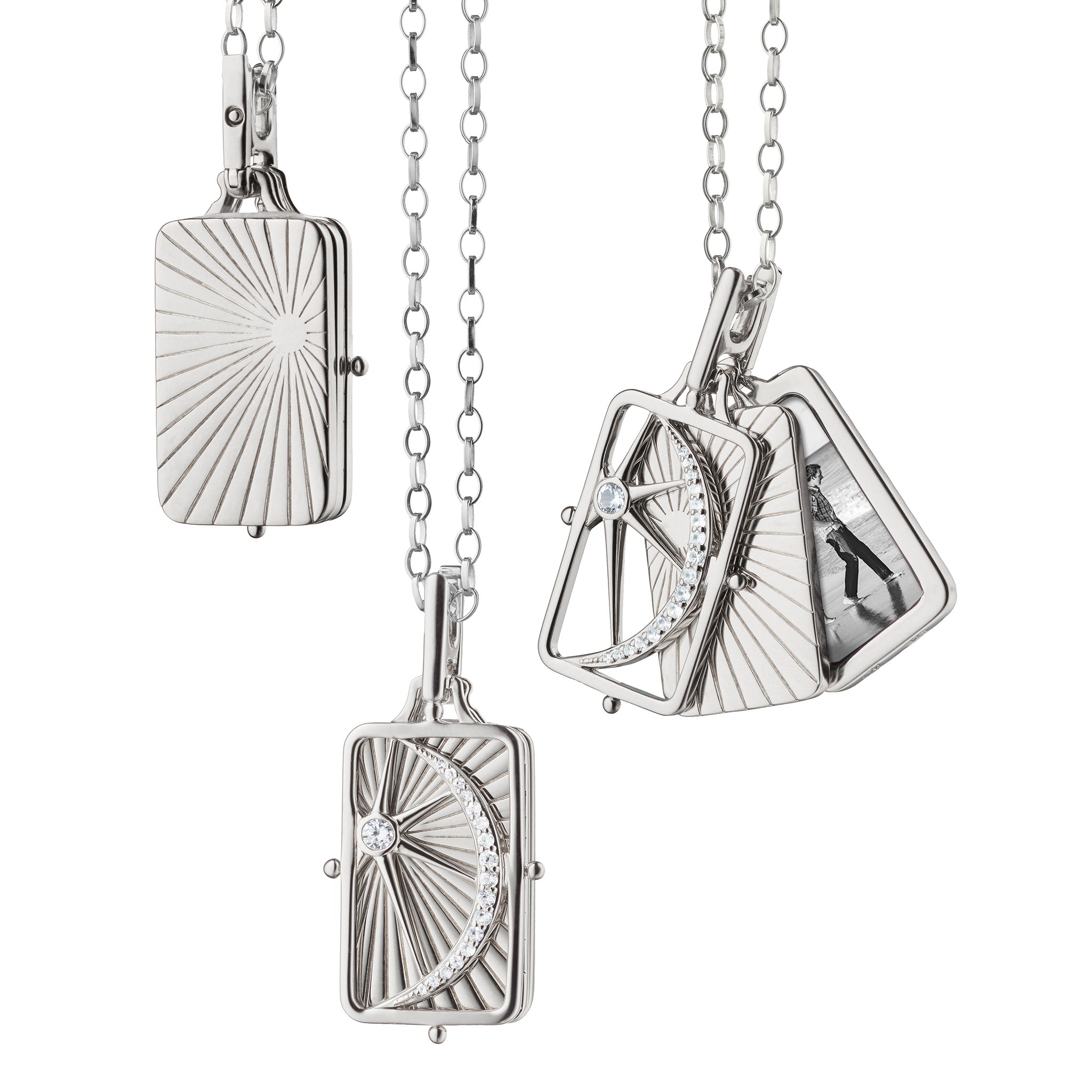 Sterling Silver Rectangular Sun, Moon, & Stars Gate Frame Necklace