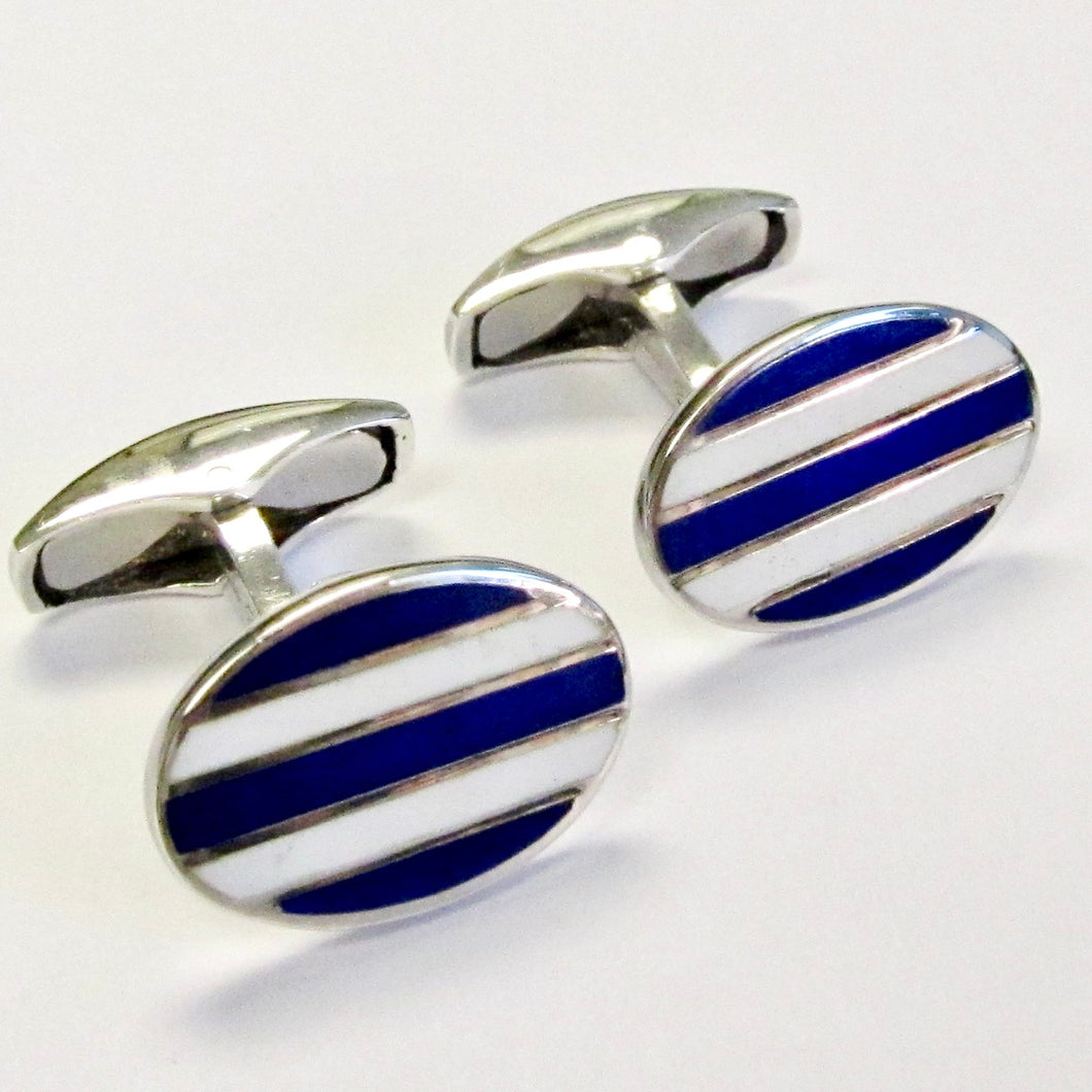 Sterling Silver Oval, Blue & White Stripe Cufflinks