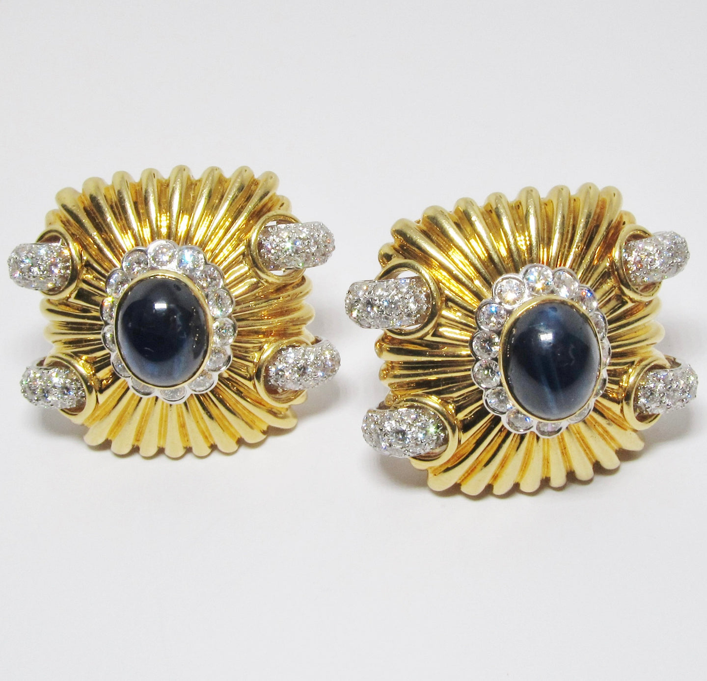 18k Yellow Gold, Blue Sapphire, Diamond & Platinum Cabochon Earrings