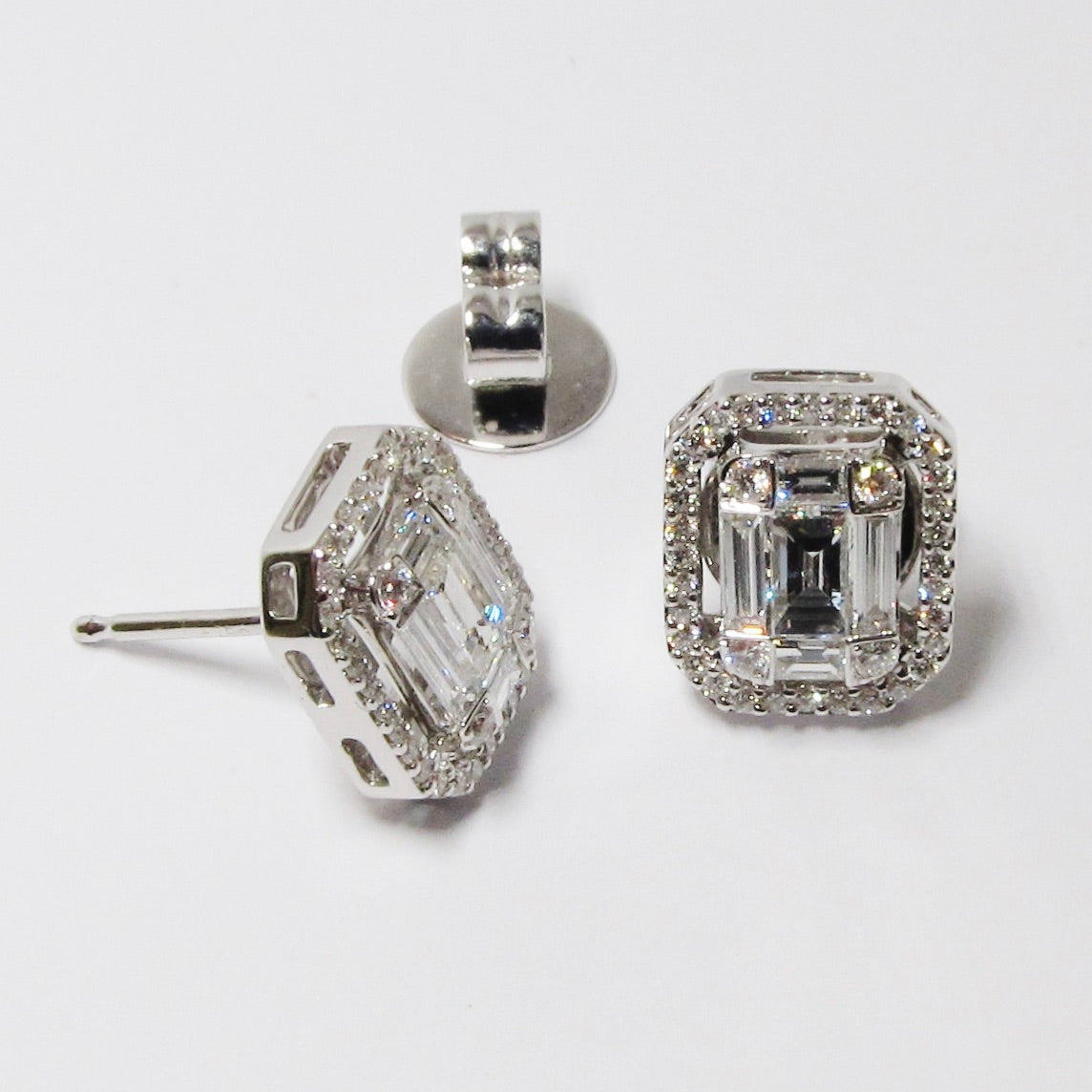 18kt White Gold Round and Baguette Diamond Earrings