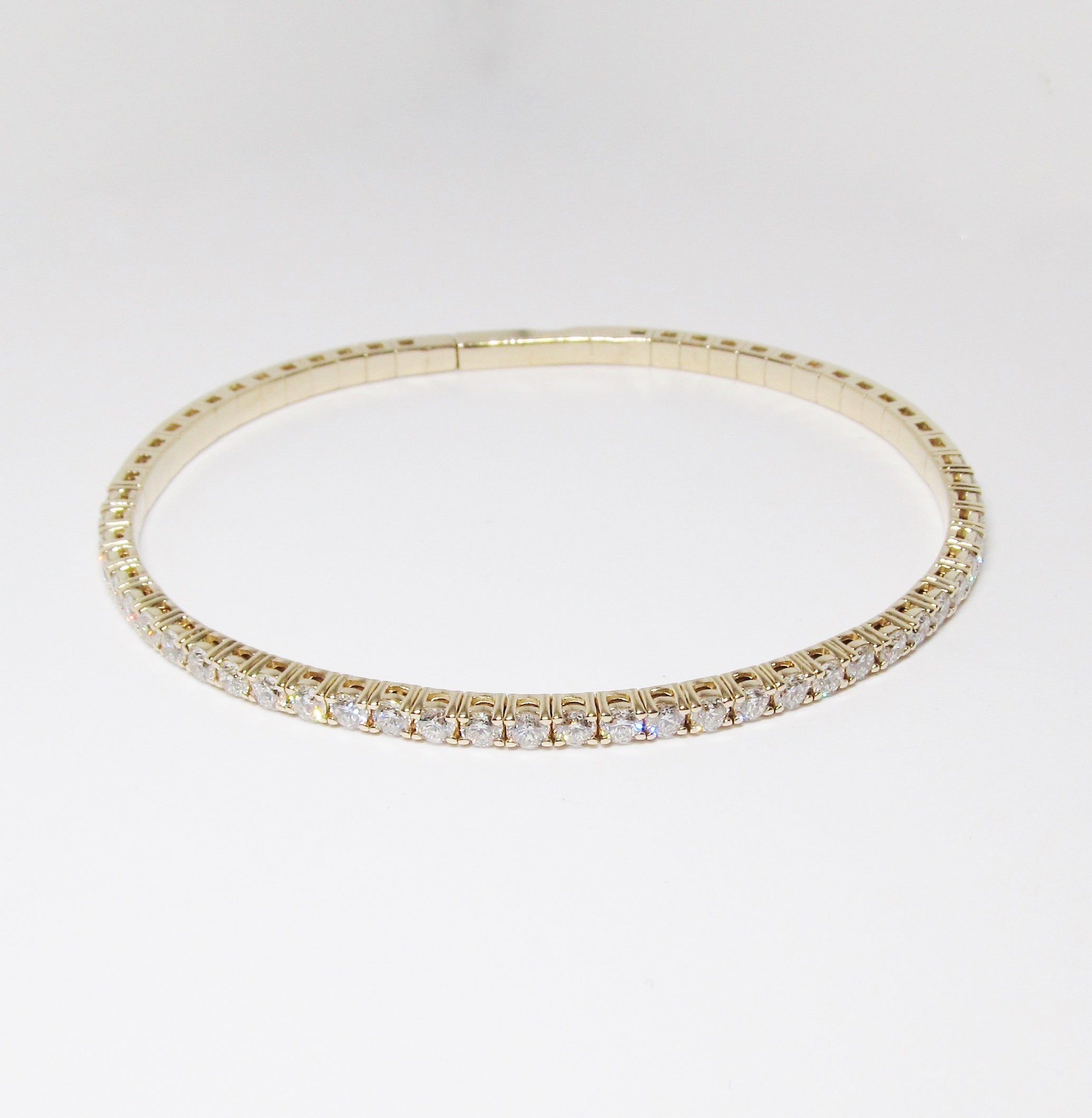 14k Yellow Gold Flexible Bangle, Round Diamonds Half Way Around