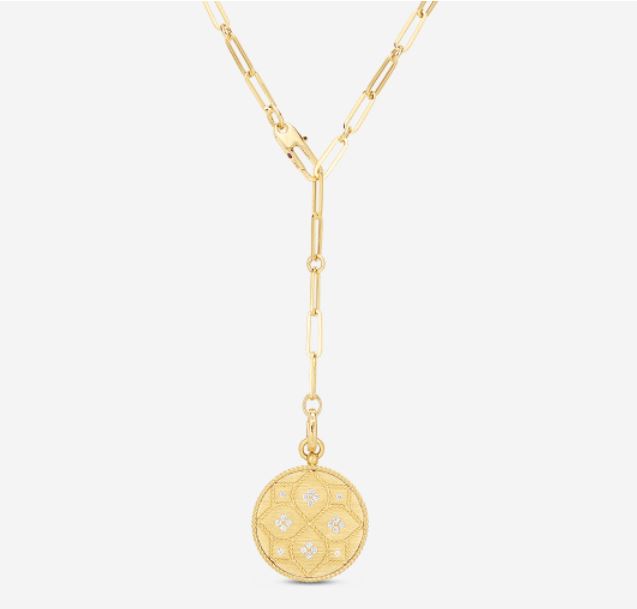 18k Yellow Gold Venetian Princess Satin Medallion with Diamond Flower Detail