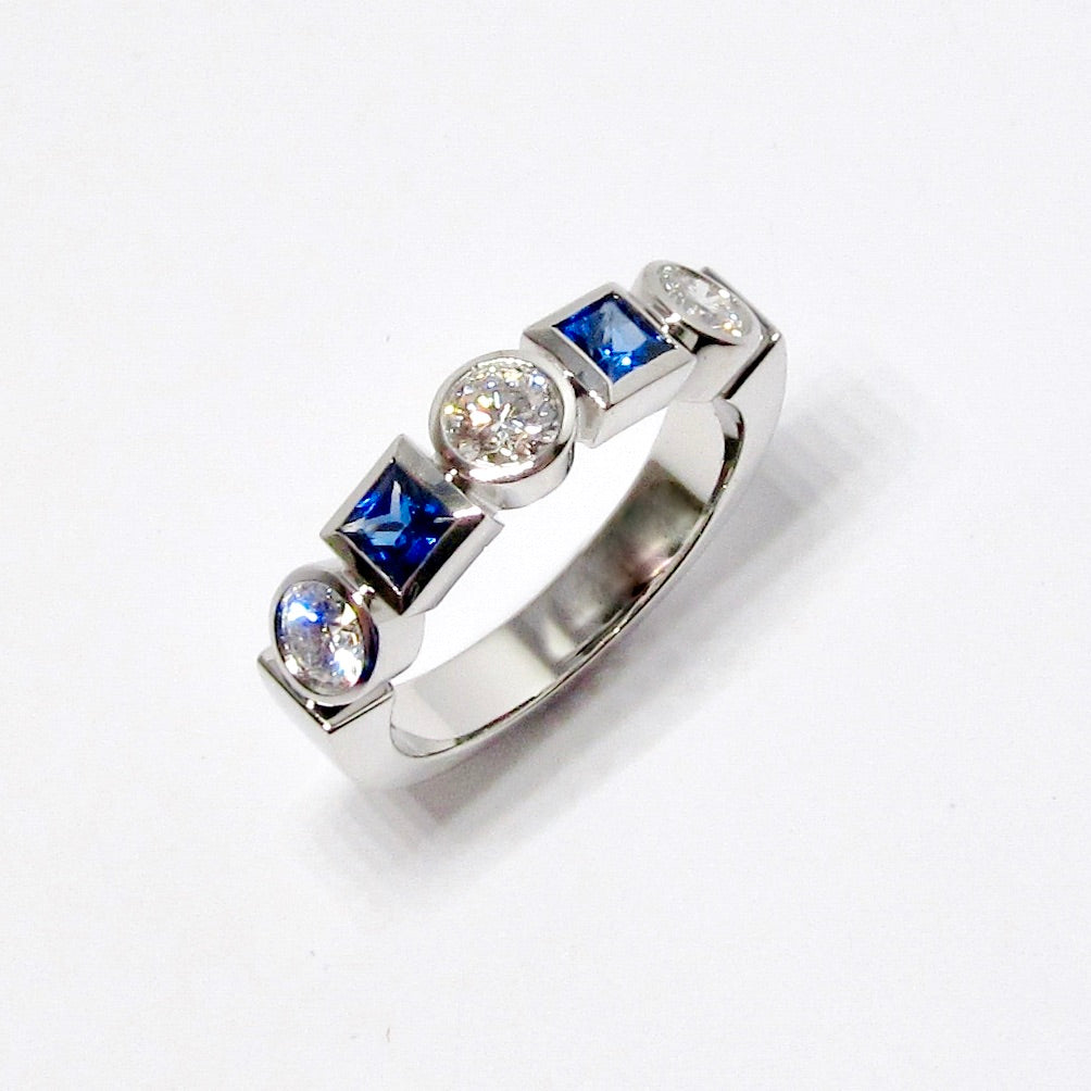 Round Diamond & Princess Cut Blue Sapphire Part-way Band
