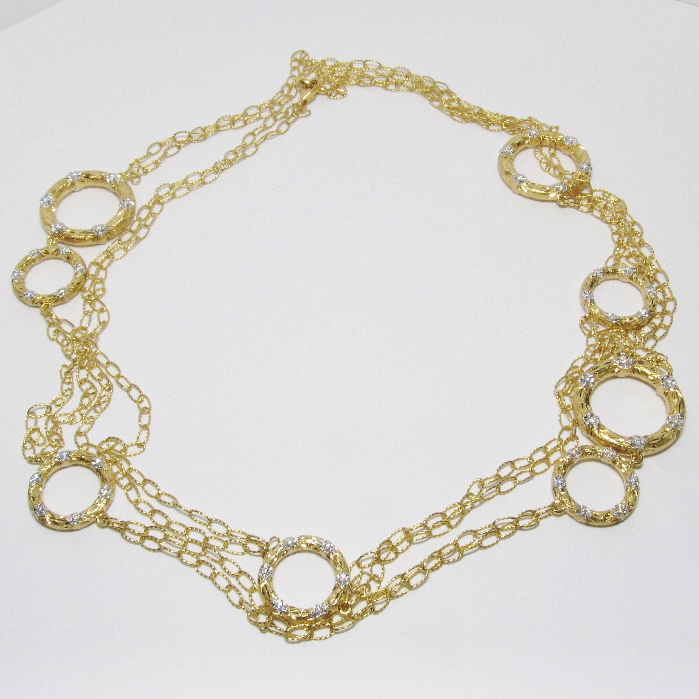 18k Yellow Gold Long Necklace with Circles & Diamond Accents