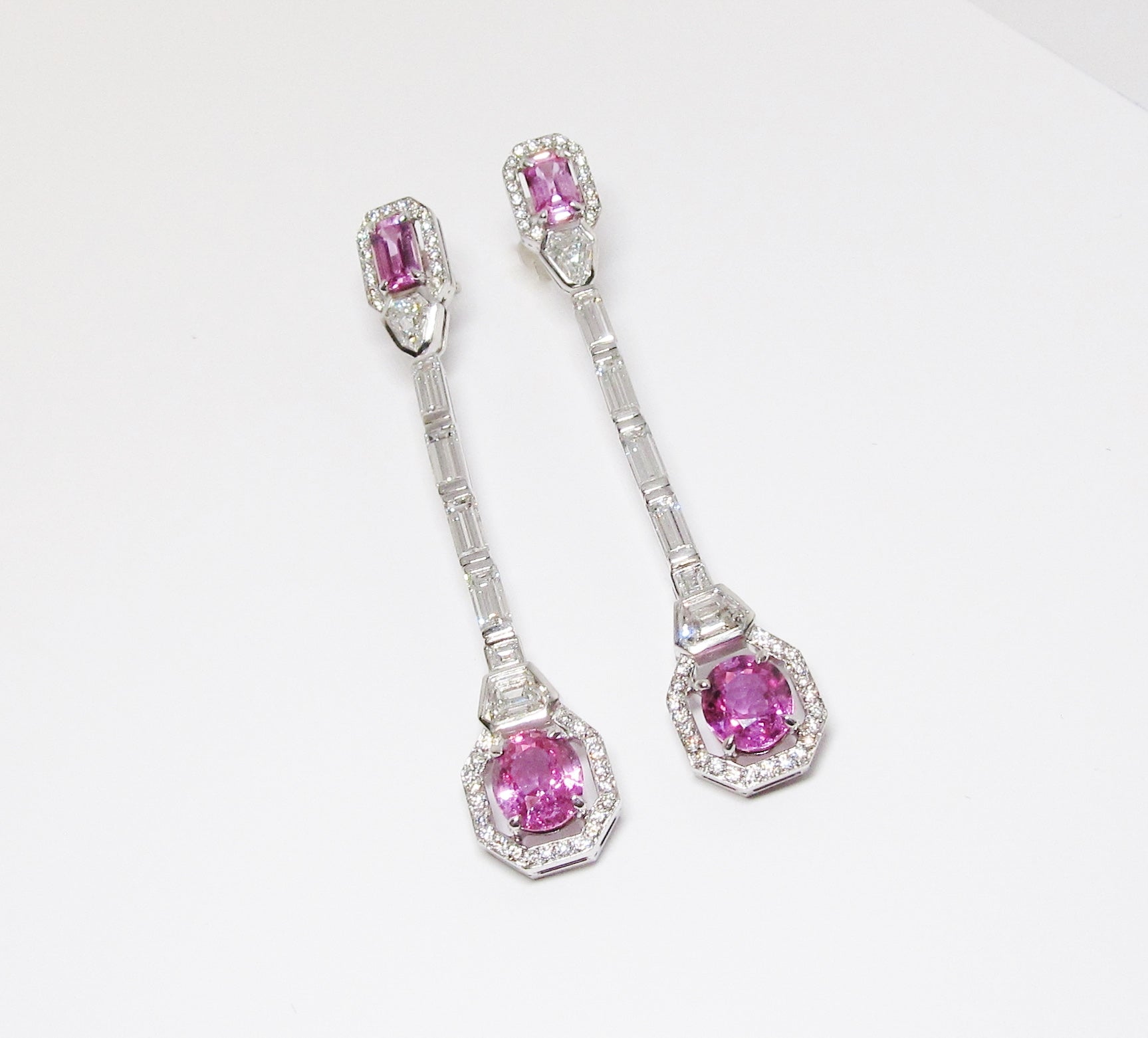 Platinum Pink Sapphire & Diamond Deco Earrings