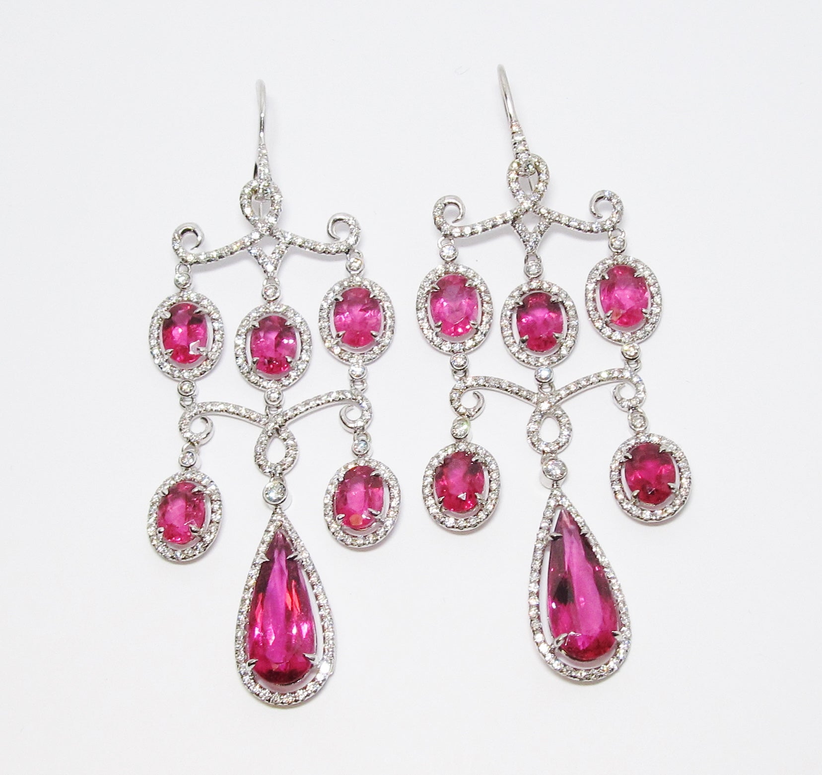 18k White Gold Diamond & Pink Tourmaline Chandelier Earrings