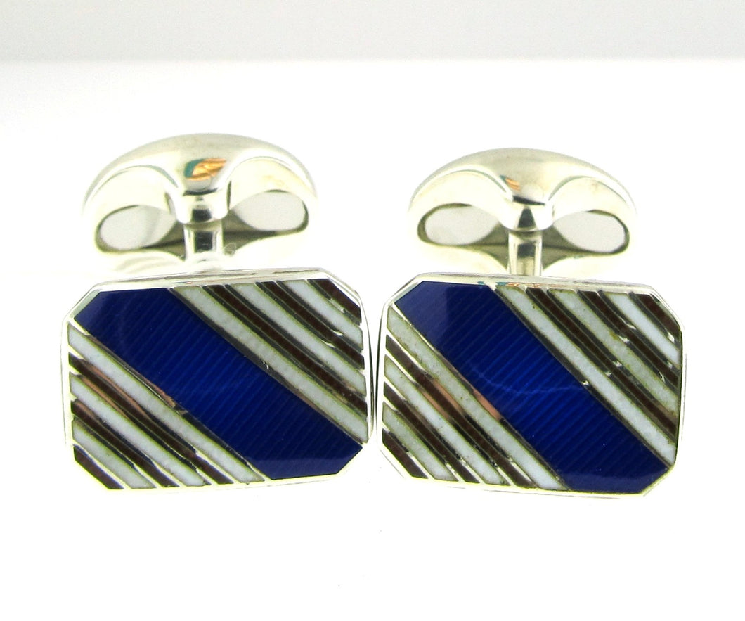 Sterling Silver & Enamel Navy Blue & White Stripe Cufflinks