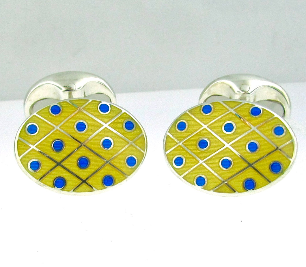 Sterling Silver & Enamel Yellow and Blue Polka Dot Oval Cufflinks