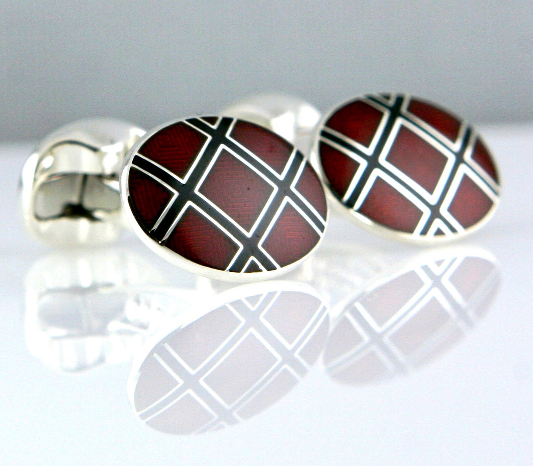 Sterling Silver & Enamel Red and Black Checker Oval Cufflinks