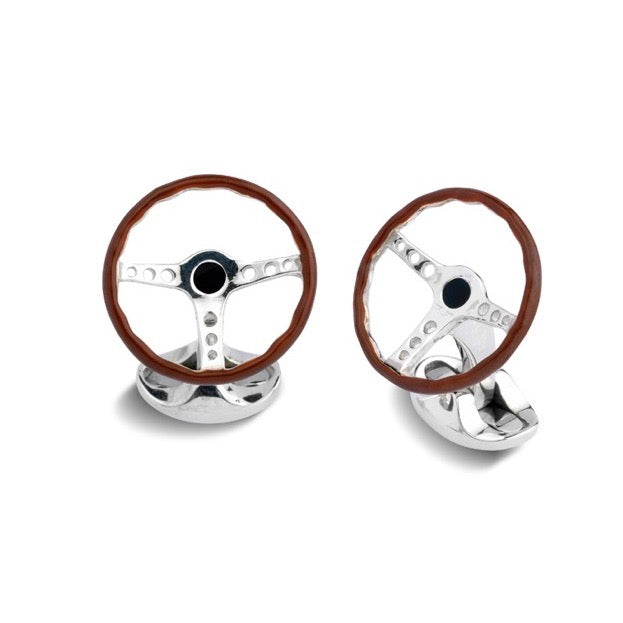 Sterling Silver & Enamel Vintage Steering Wheel Cufflinks