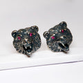 Sterling Silver Bear Cufflinks with Grey Finish, Red Eyes