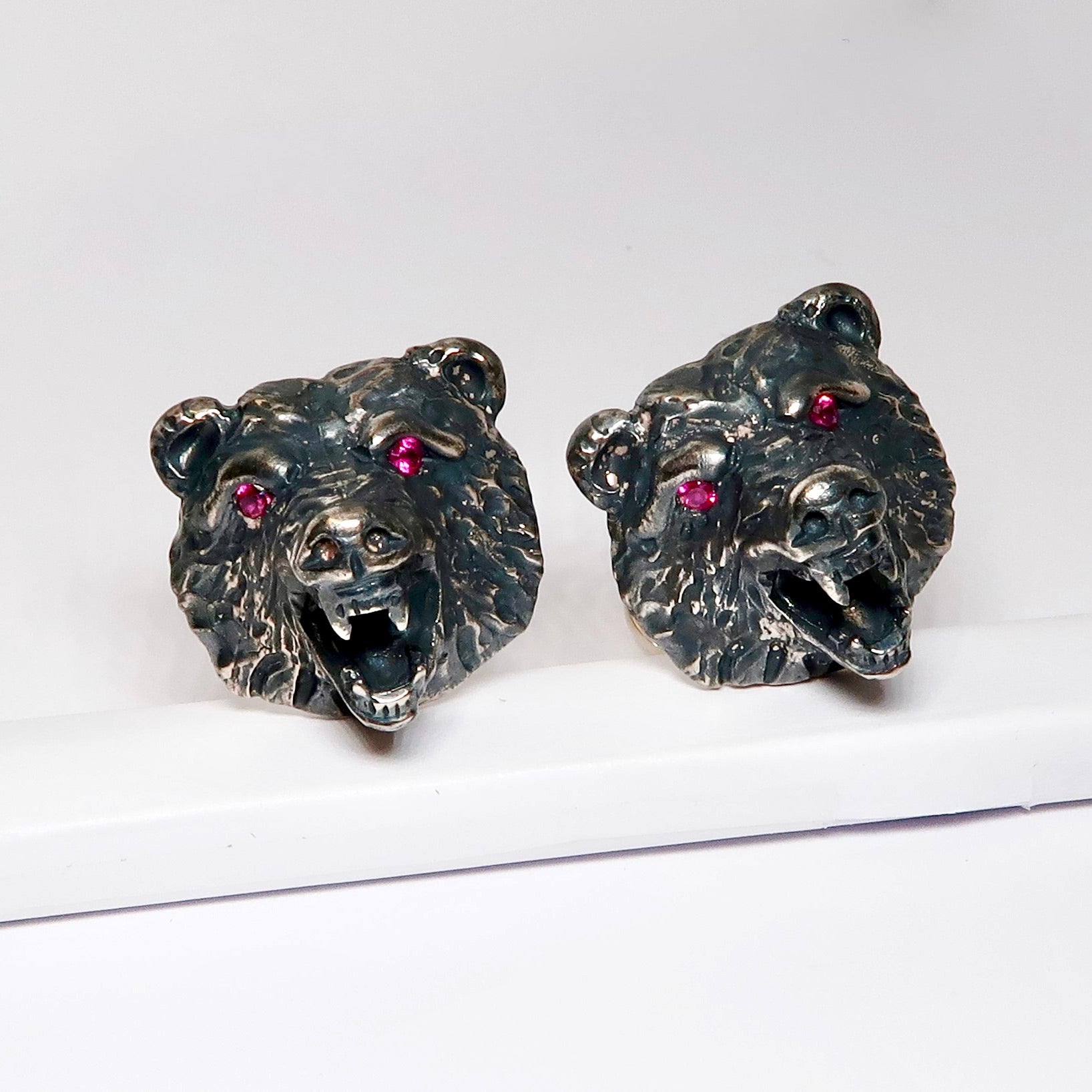 Sterling Silver Bear Cufflinks with Grey Finish, Red Eyes