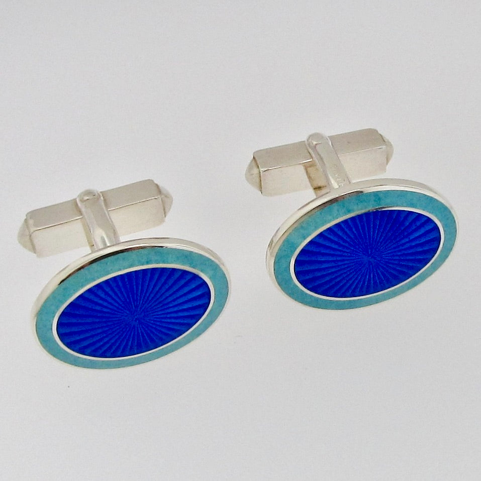 Sterling Silver & Enamel Blue Oval Cufflinks