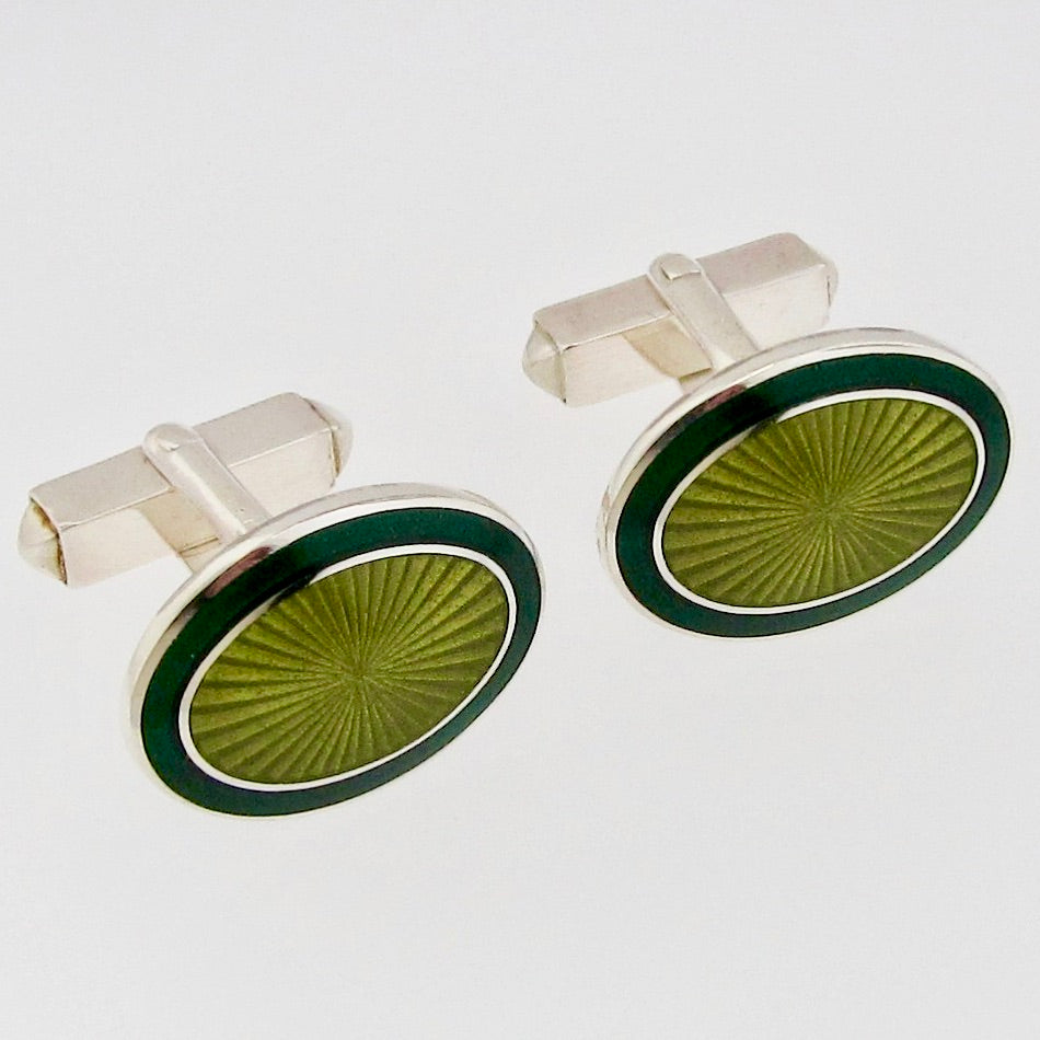Sterling Silver & Enamel Green Oval Cufflinks