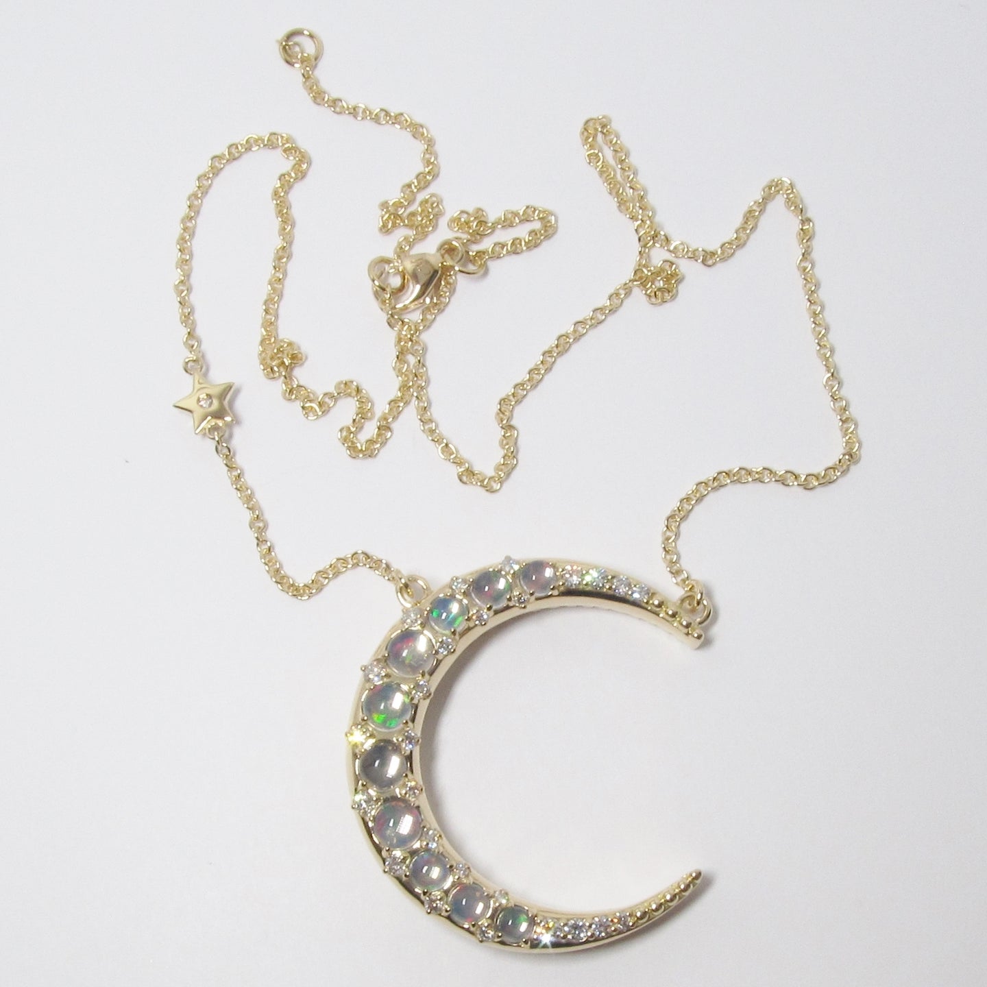 18k Yellow Gold Rounded Crescent Moon Charm with Opal and Diamond
