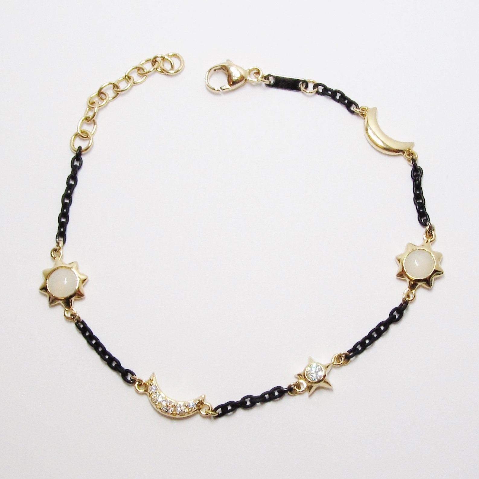 18k Gold, Sun, Moon & Stars Diamond & Moonstone Bracelet (Available in Yellow Gold and Yellow Gold with Black Steel)