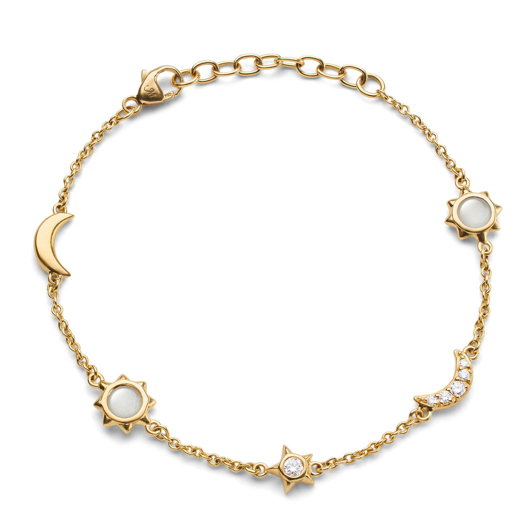 18k Gold, Sun, Moon & Stars Diamond & Moonstone Bracelet (Available in Yellow Gold and Yellow Gold with Black Steel)