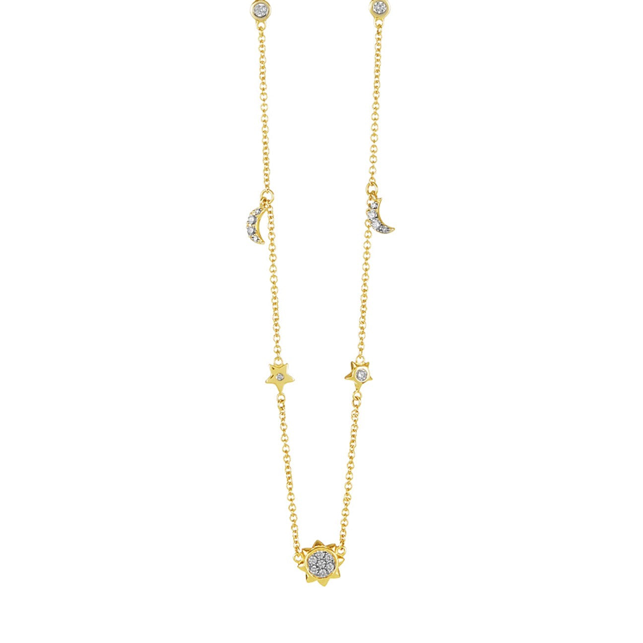 18k Yellow Gold Sun, Moon, and Stars Necklace