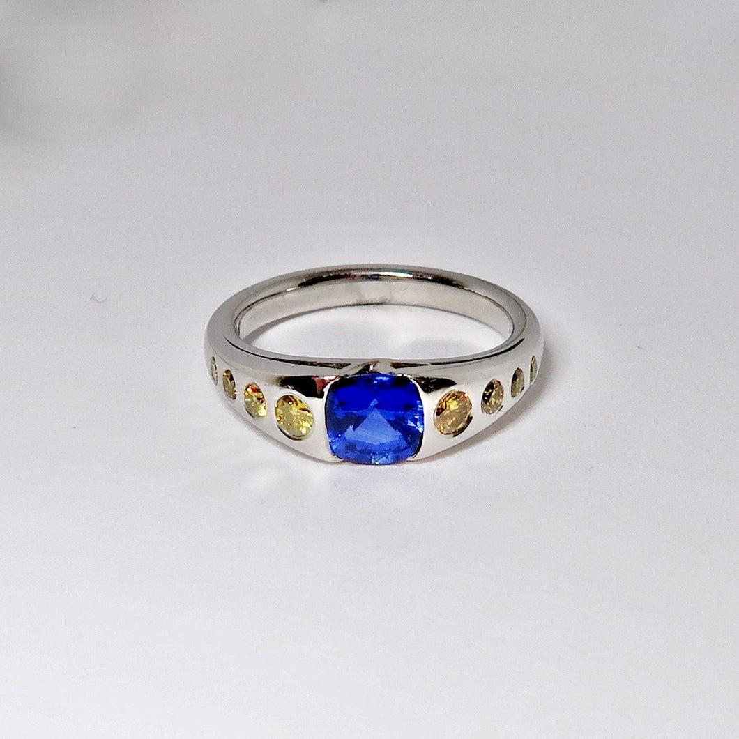 Blue Sapphire & Yellow Diamond Ring