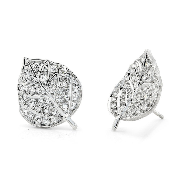 Diamond Leaf Earrings, 18k White Gold