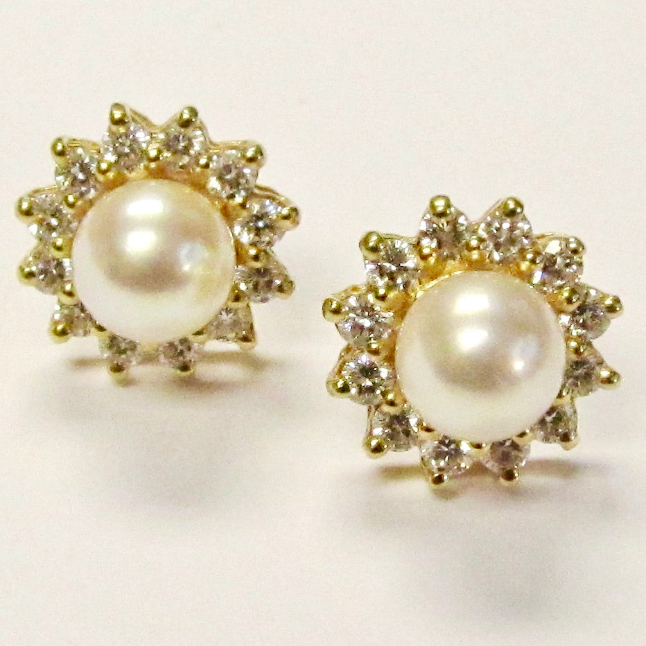 Round Pearl & Diamond Earrings