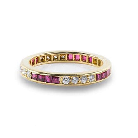 Yellow Gold Alternating Square Cut Ruby & Diamond Guard Ring