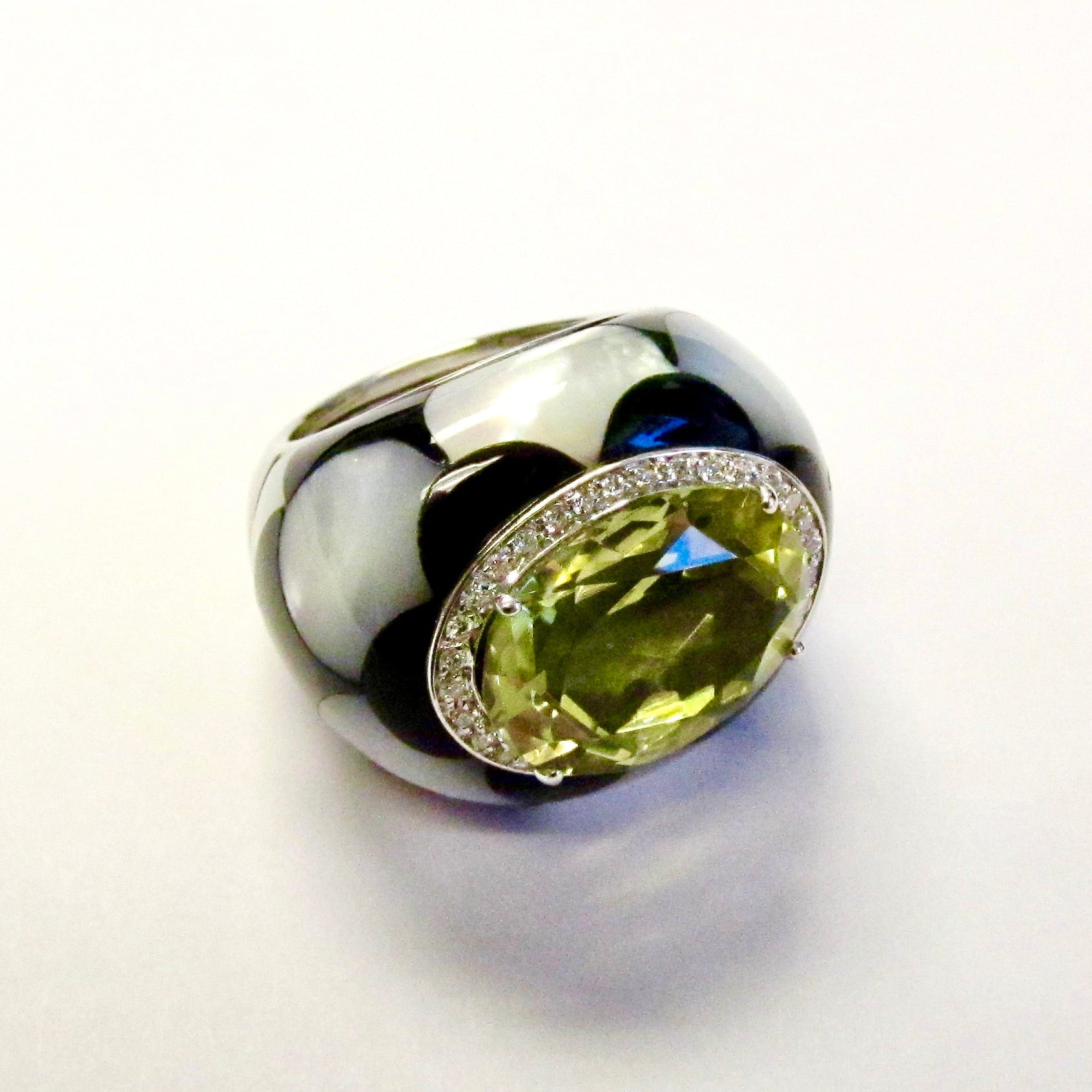 18k White Gold Mother of Pearl, Onyx, and Yellow Citrine Ring