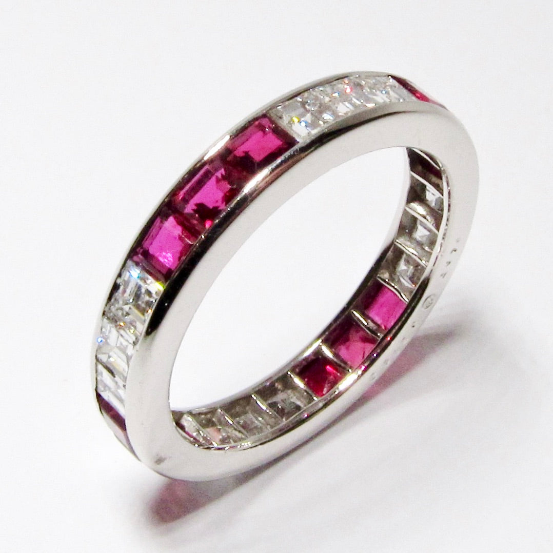 Platinum Alternating Square Diamond & Rubies Ring