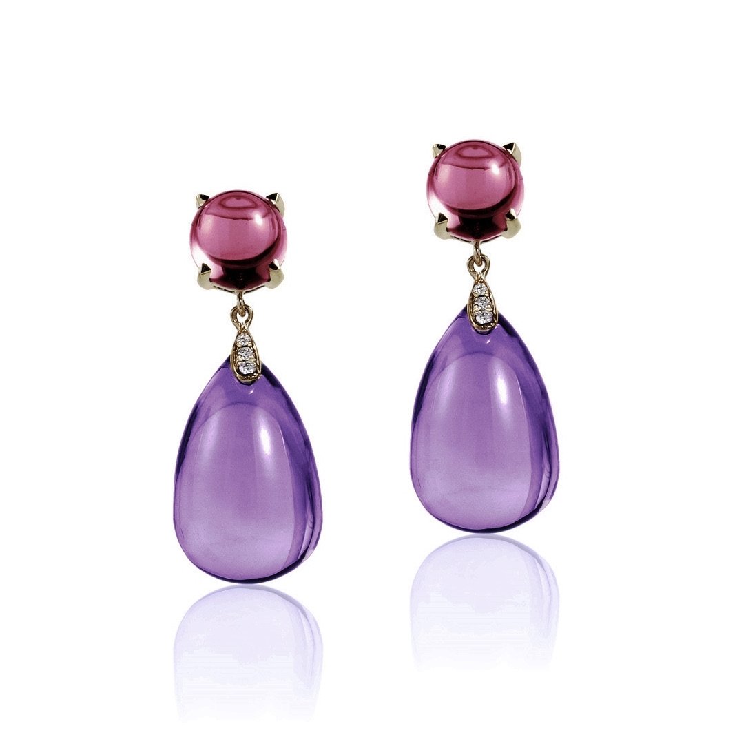 Amethyst Drop & Rubelite Cab Earrings