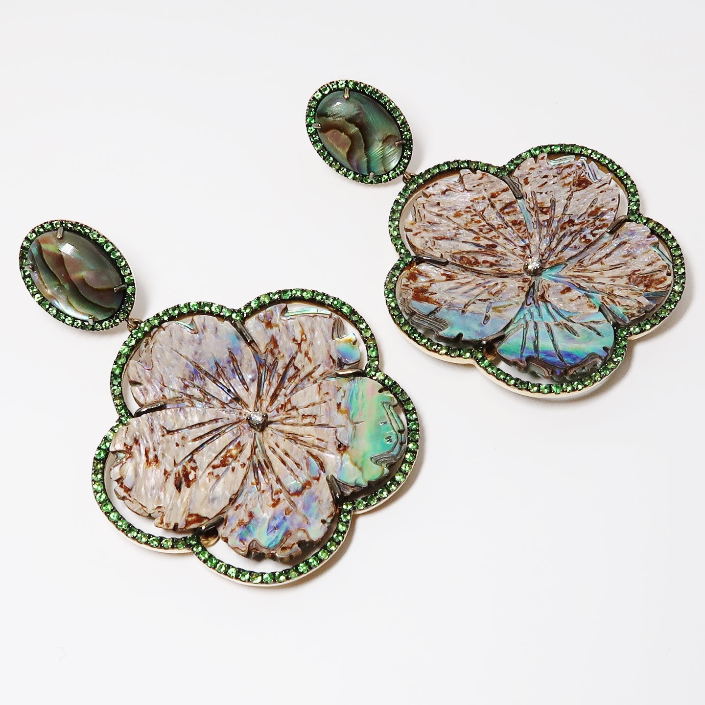 Mother of Pearl Carved Abalone Flower with Tsavorite Earring