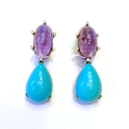 Amethyst Oval Cabs with Turquoise Pear Shape Cabochon Drop Earrings