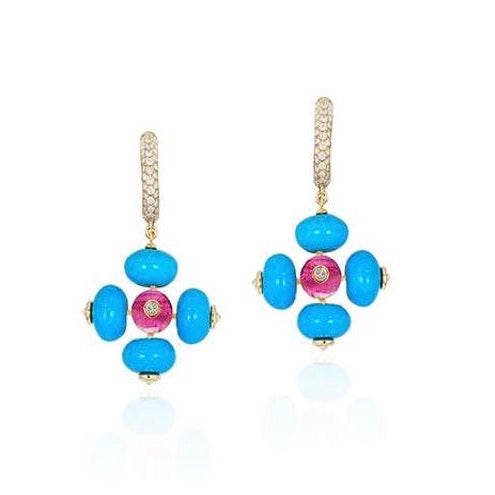 Turquoise and Rubelite Bead Earrings With Diamond Hoops
