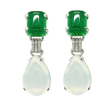 Fancy Emerald, Diamond, and Moonstone Earrings