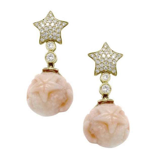 Pink Coral Balls Engraved Starfish Dangle Earrings