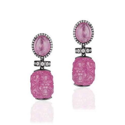 Carved Pink Tourmaline + Diamond Earrings