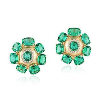 Cushion Emerald Flower Earring with Large Pave Diamonds