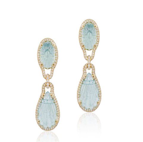 Double Carved Aqua Earrings w/ Diamonds