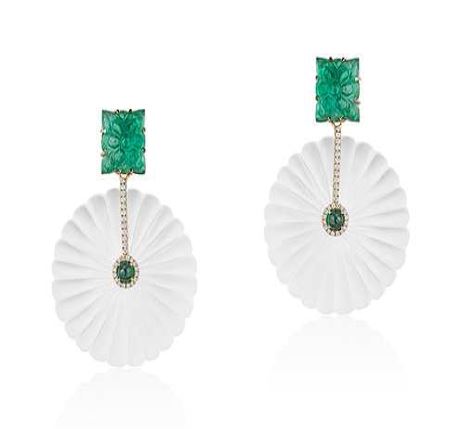 Carved Rock Crystal & Carved Emerald Earring w/ Diamonds