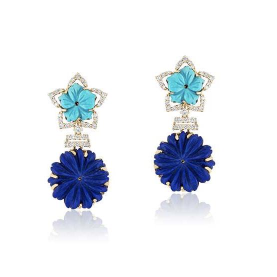 Turquoise and Lapis Flower Earrings