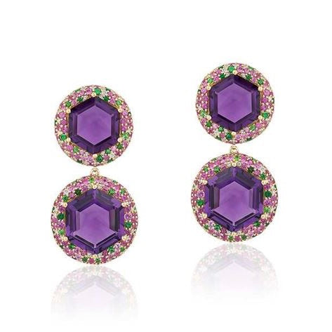 Hexagon Amethyest Danglers With Pink Sapphire And Tsavorite