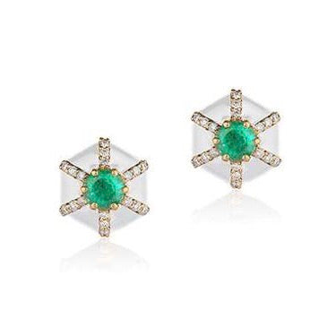 Hexagon Shape Emerald And Diamond Studs