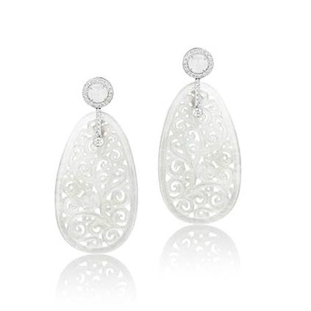Moon Quartz Earring w/ Diamonds & Carved White Jade