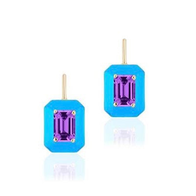 Amethyst Emerald Cut Earrings With Turquoise Enamel