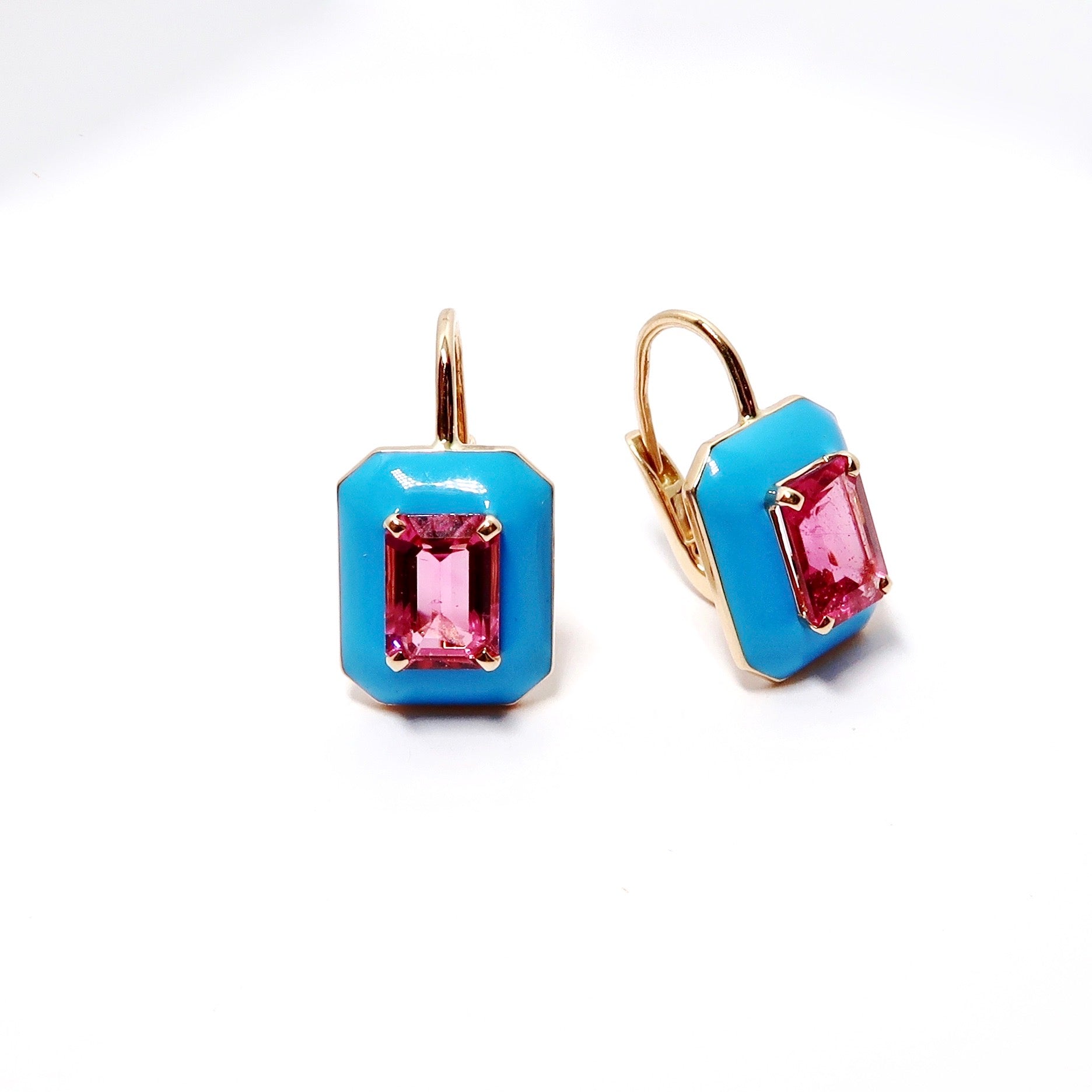 Rubelite Emerald Cut Earrings with Turquoise Enamel